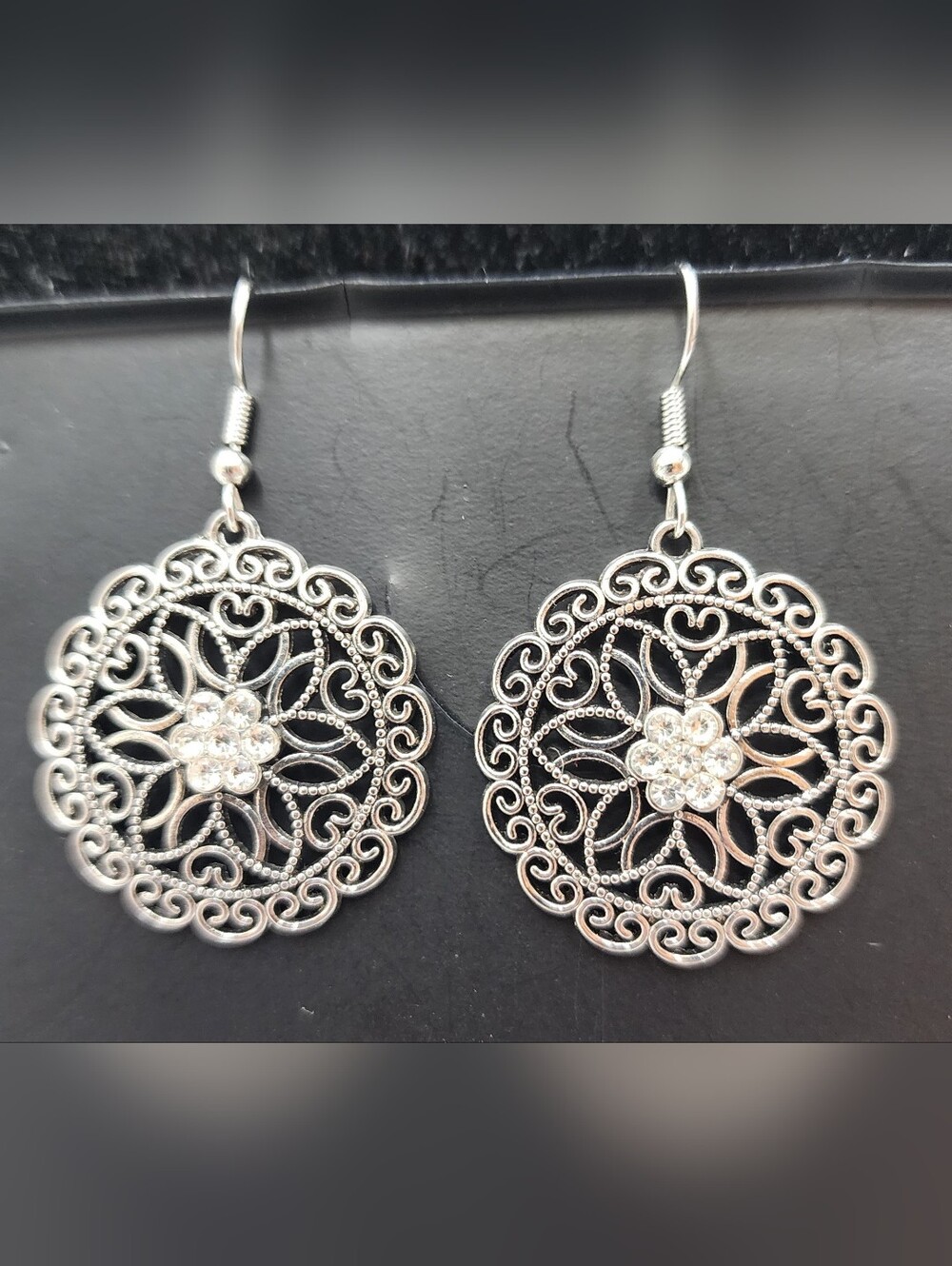 Silver Tone Filigree Medallion Rhinestone Earrings Bohemian Coastal Pierced